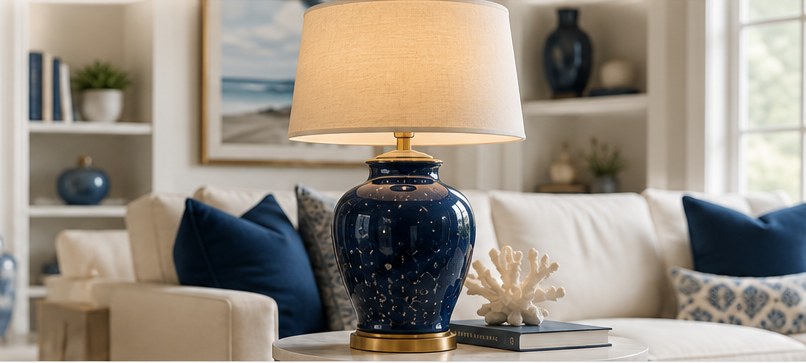 Elegant blue table lamp in a bright coastal-inspired living room
